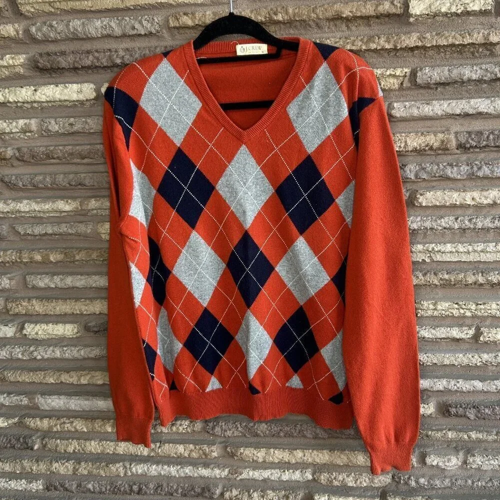 J Crew Men's Cotton Cashmere Argyle V Neck Sweater Size XL
